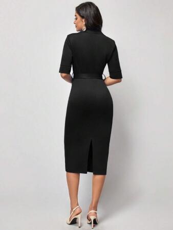Kadın Kısa Kollu Yakalı Kruvaze Yakalı Beli Kemerli Midi Modal Elbise - 4