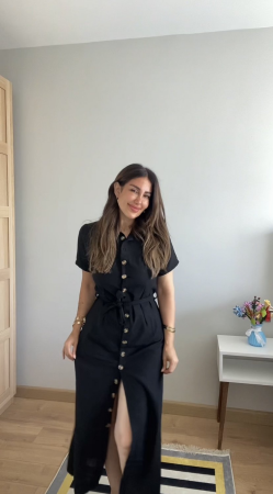 Kadın Kısa Kollu Yakalı önden Düğmeli Beli Kuşaklı Ithal Keten Elbise - ANGELINO BuyukBedeniz