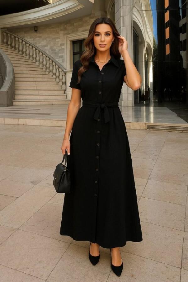 Kadın Kısa Kollu Yakalı önden Düğmeli Beli Kuşaklı Ithal Keten Elbise - 1