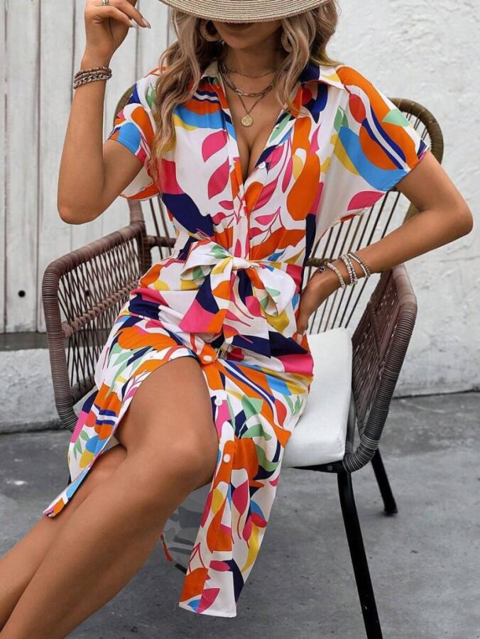 Kadın Kısa Kollu Yakalı önü Düğmeli önden Drapeli Desenli Süprem Elbise - 1