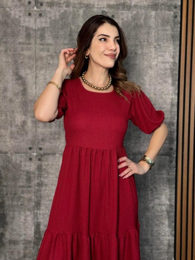 Kadın Kısa Kollu Yakası Açık Katlı Bürümcük Balon Elbise - 4