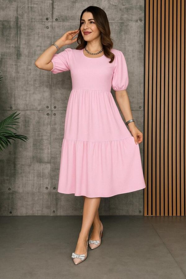 Kadın Kısa Kollu Yakası Açık Katlı Bürümcük Balon Elbise - 1