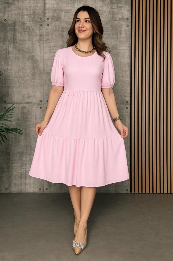Kadın Kısa Kollu Yakası Açık Katlı Bürümcük Balon Elbise - 2