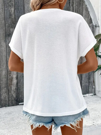 Kadın Kısa Kollu Yakası Açık önden Düğmeli Waffle Bluz - 2