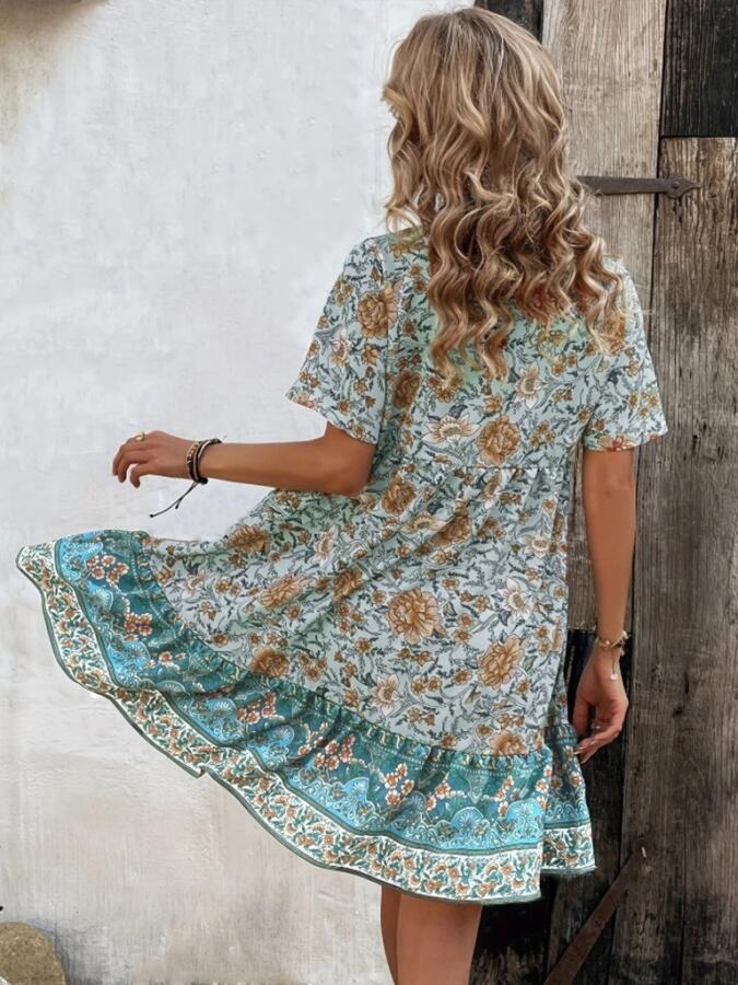 Kadın Kısa Kollu Yakası Bağcıklı önden Düğmeli Fırfır Desenli Süprem Elbise - 2