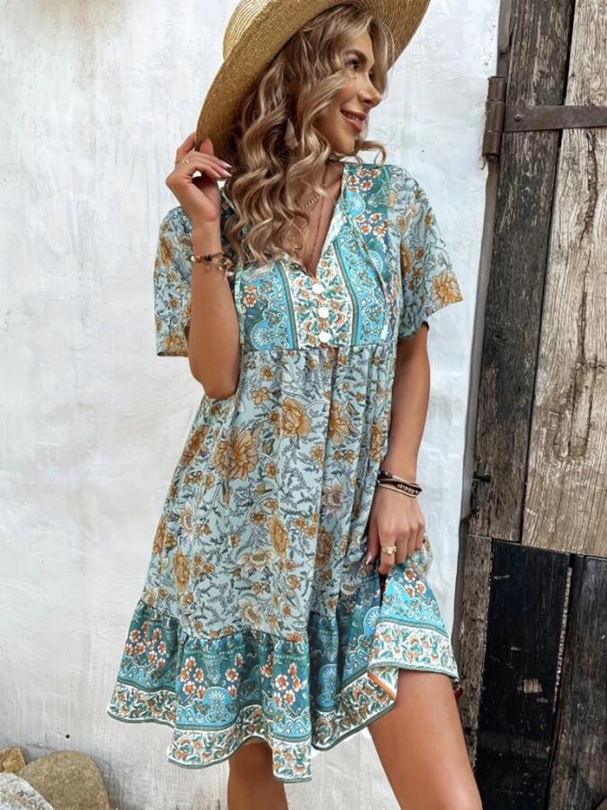 Kadın Kısa Kollu Yakası Bağcıklı önden Düğmeli Fırfır Desenli Süprem Elbise - 3