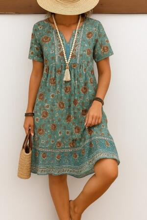 Kadın Kısa Kollu Yakası Bağcıklı önden Düğmeli Fırfır Desenli Süprem Elbise - ANGELINO BuyukBedeniz