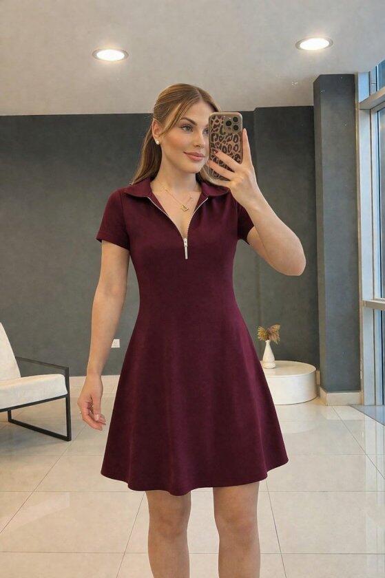 Kadın Kısa Kollu Yakası Fermuarlı Kısa Viskon Iki Iplik Elbise - 1