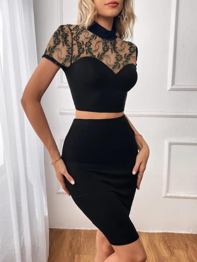 Kadın Kısa Kollu Yarı Balıkçı Yaka Dantelli Straplez Ithal Krep Crop Bluz Ve Etek Ikili Takım - 2