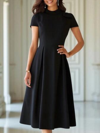 Kadın Kısa Kollu Yarı Balıkçı Yaka Pileli Janjan Krep Midi Elbise - ANGELINO BuyukBedeniz