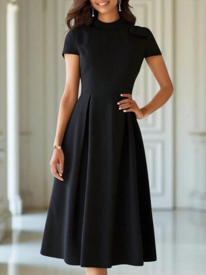 Kadın Kısa Kollu Yarı Balıkçı Yaka Pileli Janjan Krep Midi Elbise - 1