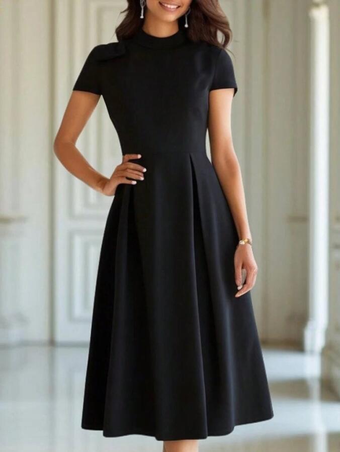 Kadın Kısa Kollu Yarı Balıkçı Yaka Pileli Janjan Krep Midi Elbise - 3