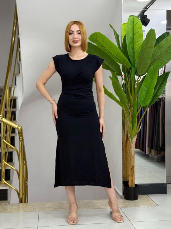 Kadın Kısa Kollu Yuvarlak Yaka Belden Bağcıklı önden Yırtmaçlı Aerobin Elbise - 1