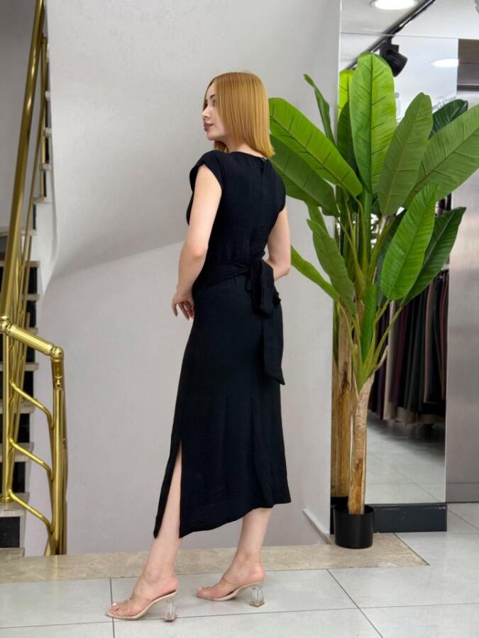 Kadın Kısa Kollu Yuvarlak Yaka Belden Bağcıklı önden Yırtmaçlı Aerobin Elbise - 2