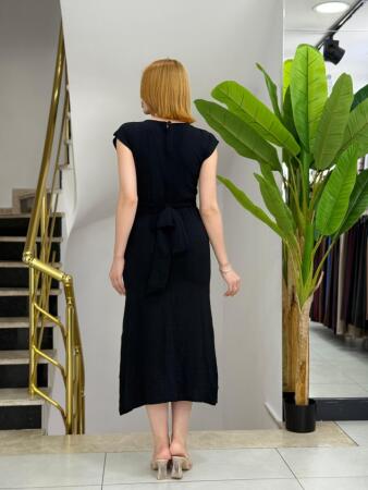 Kadın Kısa Kollu Yuvarlak Yaka Belden Bağcıklı önden Yırtmaçlı Aerobin Elbise - 3