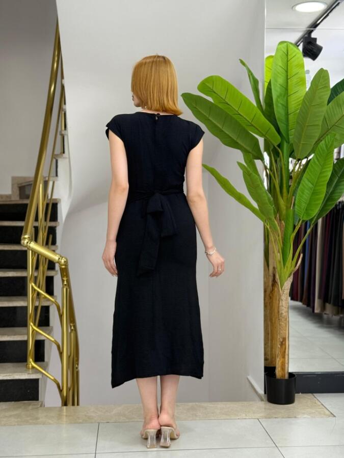 Kadın Kısa Kollu Yuvarlak Yaka Belden Bağcıklı önden Yırtmaçlı Aerobin Elbise - 3