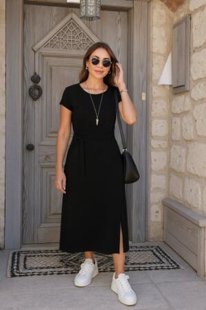 Kadın Kısa Kollu Yuvarlak Yaka Belden Bağcıklı önden Yırtmaçlı Aerobin Elbise - 4