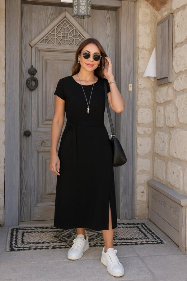 Kadın Kısa Kollu Yuvarlak Yaka Belden Bağcıklı önden Yırtmaçlı Aerobin Elbise - 4