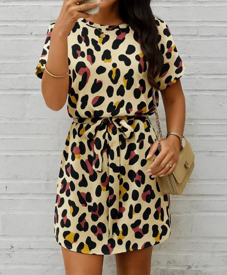 Kadın Kısa Kollu Yuvarlak Yaka Beli Kuşaklı Geometrik Desenli Süprem Elbise - 2