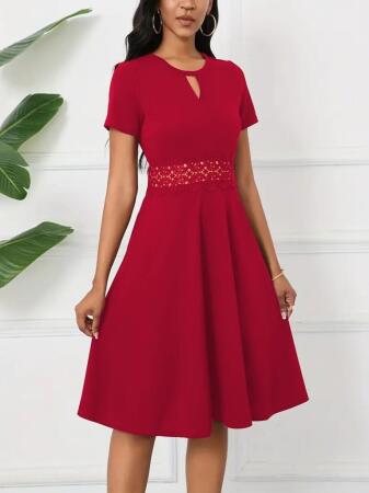 Kadın Kısa Kollu Yuvarlak Yaka Damla Detaylı Janjan Elbise - 3