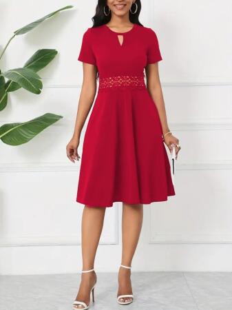 Kadın Kısa Kollu Yuvarlak Yaka Damla Detaylı Janjan Elbise - 4