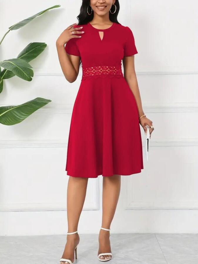 Kadın Kısa Kollu Yuvarlak Yaka Damla Detaylı Janjan Elbise - 5