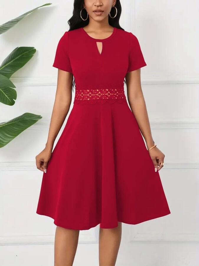 Kadın Kısa Kollu Yuvarlak Yaka Damla Detaylı Janjan Elbise - 6