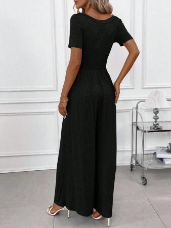 Kadın Kısa Kollu Yuvarlak Yaka Geniş Paçalı Bürümcük Tulum - ANGELINO BuyukBedeniz (1)