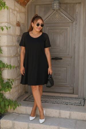 Kadın Kısa Kollu Yuvarlak Yaka şerit Kol Detaylı Viskon Elbise - ANGELINO BuyukBedeniz