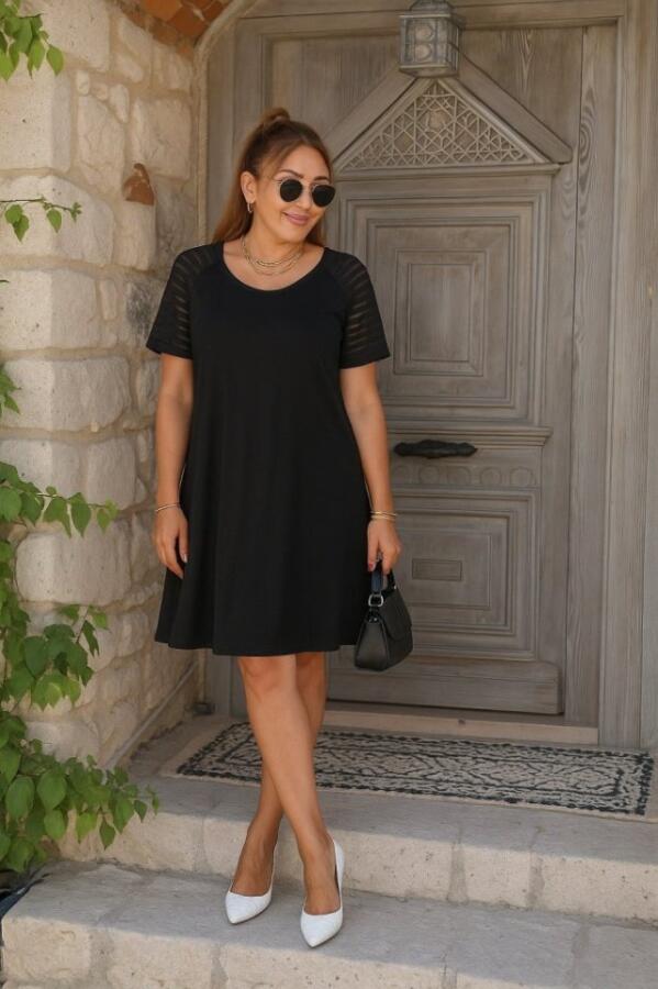 Kadın Kısa Kollu Yuvarlak Yaka şerit Kol Detaylı Viskon Elbise - 1