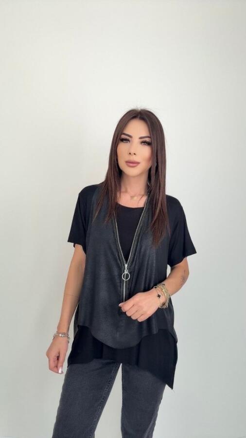 Kadın Kısa Kollu Yuvarlak Yaka Viskon Bluz + Kolsuz Fermuarlı çatlak Deri Yelek - 1