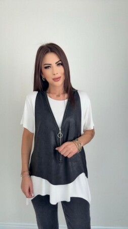 Kadın Kısa Kollu Yuvarlak Yaka Viskon Bluz + Kolsuz Fermuarlı çatlak Deri Yelek - 3