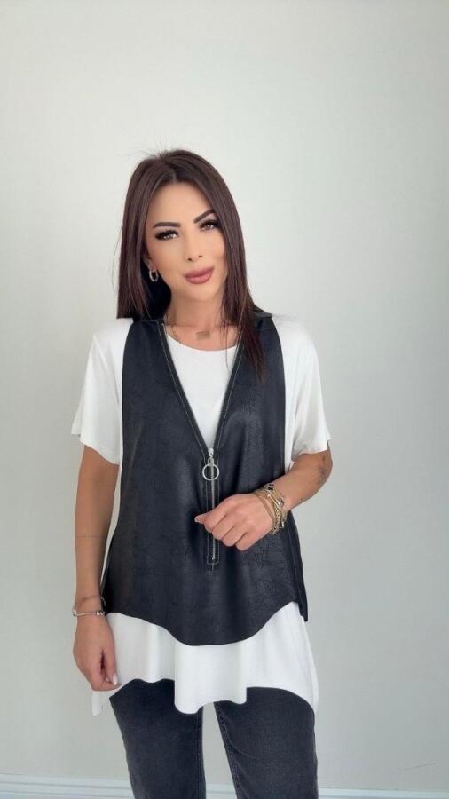 Kadın Kısa Kollu Yuvarlak Yaka Viskon Bluz + Kolsuz Fermuarlı çatlak Deri Yelek - 3