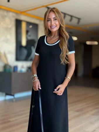 Kadın Kısa Kollu Yuvarlak Yaka Yandan Yırtmaçlı Midi Viskon Elbise - 3