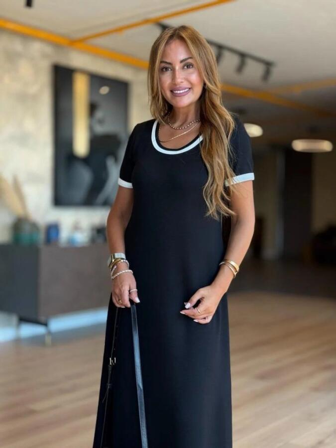 Kadın Kısa Kollu Yuvarlak Yaka Yandan Yırtmaçlı Midi Viskon Elbise - 3