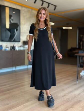 Kadın Kısa Kollu Yuvarlak Yaka Yandan Yırtmaçlı Midi Viskon Elbise - 4