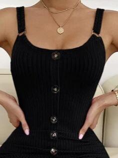 Kadın Kolsuz Askı Halka Detay önü Düğmeli Midi Boy Yırtmaçlı Fitilli Kaşkorse Elbise - 2