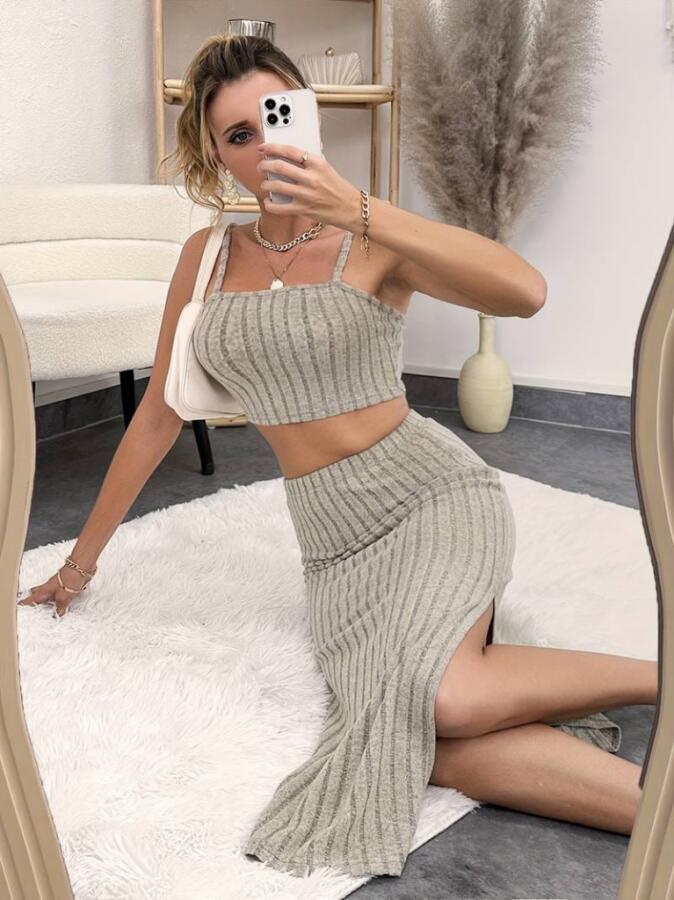 Kadın Kolsuz Askılı Crop Yırtmaçlı Midi Etek Fitilli Kaşkorse Takım - 2