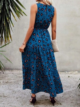 Kadın Kolsuz Bisiklet Yaka Beli Lastikli Desenli Süprem Elbise - 4