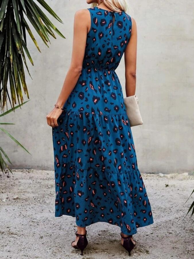 Kadın Kolsuz Bisiklet Yaka Beli Lastikli Desenli Süprem Elbise - 4