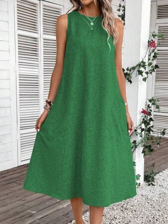 Kadın Kolsuz Bisiklet Yaka Cepli Midi Keten Elbise - ANGELINO BuyukBedeniz (1)