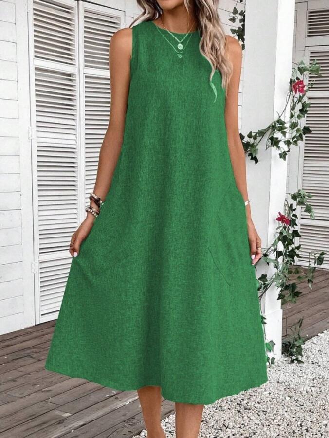 Kadın Kolsuz Bisiklet Yaka Cepli Midi Keten Elbise - 2