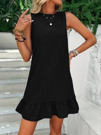 Kadın Kolsuz Bisiklet Yaka Fırfırlı Sofya Elbise - ANGELINO BuyukBedeniz