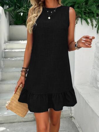 Kadın Kolsuz Bisiklet Yaka Fırfırlı Sofya Elbise - 3