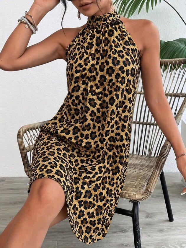 Kadın Kolsuz Boyundan Askılı Desenli Midi Süprem Elbise - 1