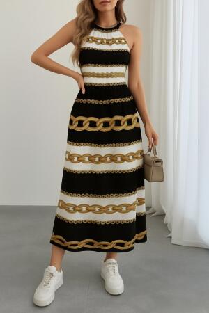 Kadın Kolsuz Boyundan Bağlamalı Beli Lastikli Dijital Baskı Süprem Uzun Elbise - ANGELINO BuyukBedeniz