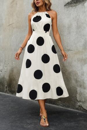 Kadın Kolsuz Boyundan Bağlamalı Beli Lastikli Dijital Baskı Süprem Uzun Elbise - ANGELINO BuyukBedeniz