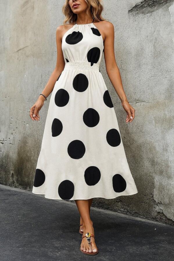 Kadın Kolsuz Boyundan Bağlamalı Beli Lastikli Dijital Baskı Süprem Uzun Elbise - 1