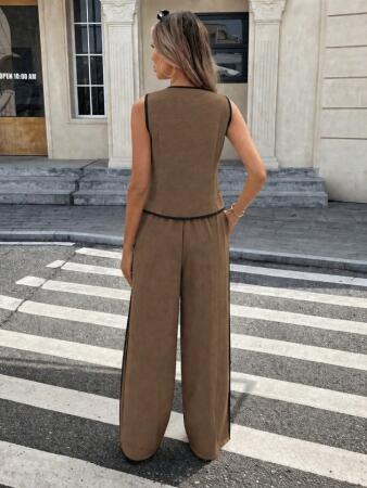 Kadın Kolsuz önü Düğmeli Yelek Ve Pantolon Ikili Takım - 3