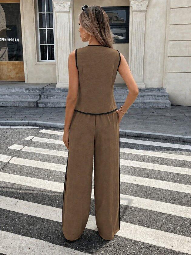Kadın Kolsuz önü Düğmeli Yelek Ve Pantolon Ikili Takım - 3